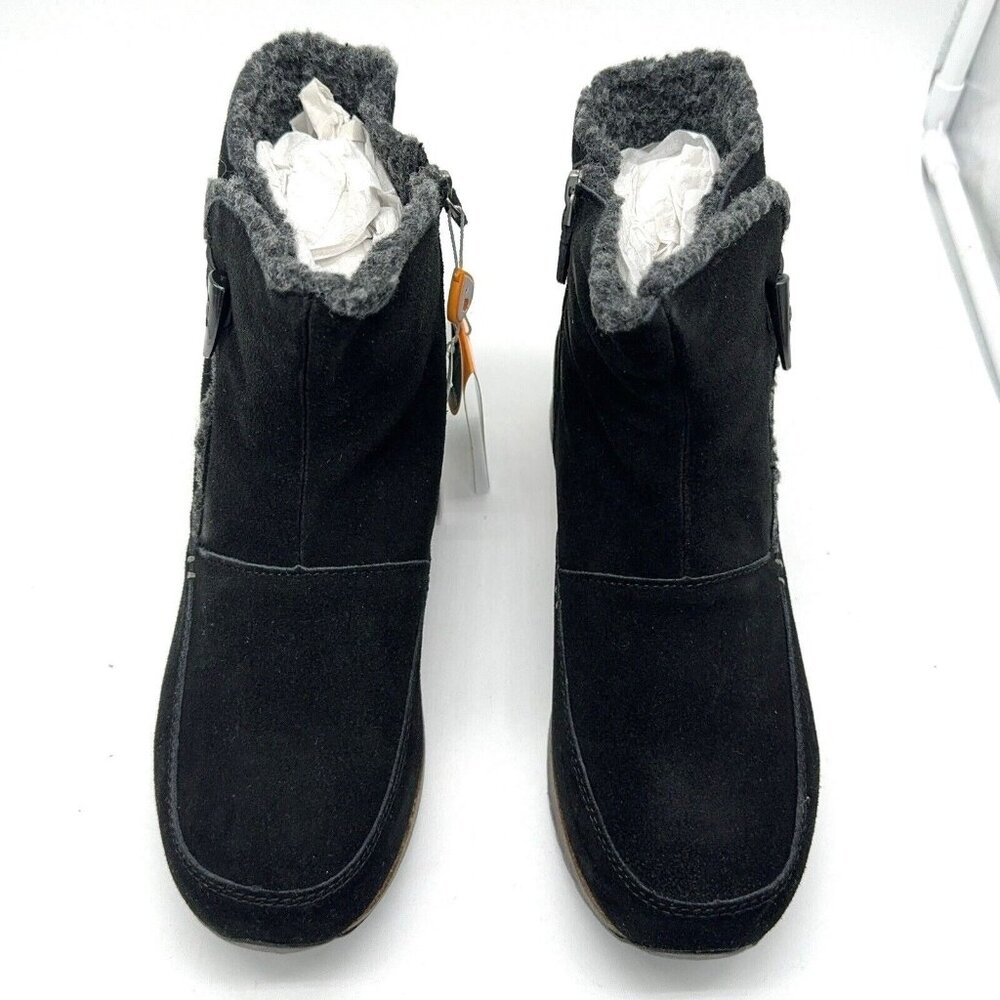 Sporto Womens Suede Bootie Shoes Black w Faux Fur Toggle Accent Side Zip Cork 9W